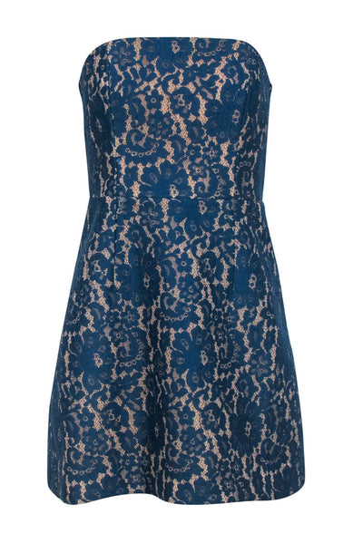 Current Boutique-Keepsake - Teal Lace Strapless Flared Mini Dress Sz L
