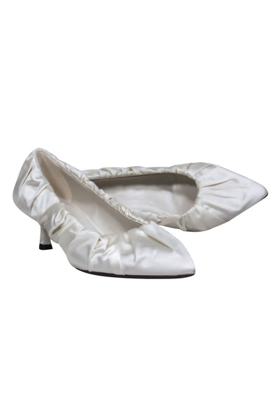 Current Boutique-Khaite - Ivory Scrunched Satin Pointed Toe Kitten Heels Sz 10.5