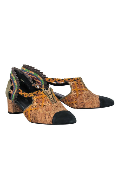 Current Boutique-Kronkron - Tan & Muted Multicolor Woven Chunky Heels w/ Cutout Sz 10.5