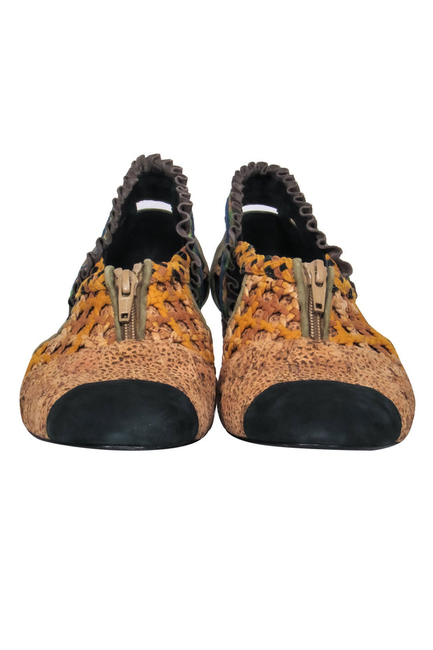 Current Boutique-Kronkron - Tan & Muted Multicolor Woven Chunky Heels w/ Cutout Sz 10.5