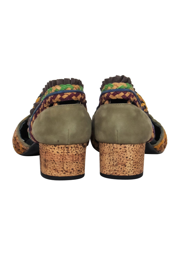 Current Boutique-Kronkron - Tan & Muted Multicolor Woven Chunky Heels w/ Cutout Sz 10.5