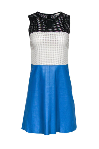 Current Boutique-L'Agence - Blue, Black & White Colorblocked Leather Fit & Flare Dress w/ Laser Cutouts Sz 2