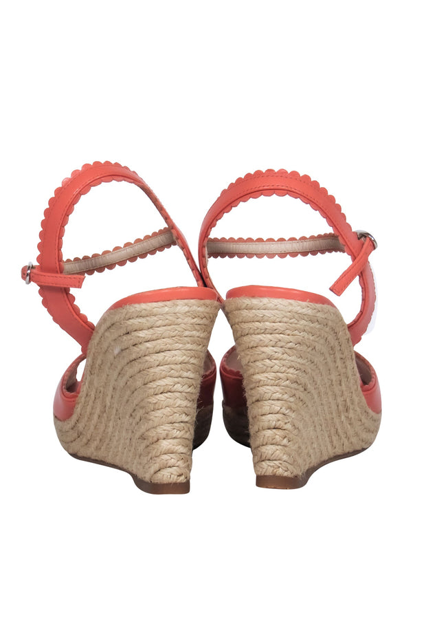 Current Boutique-L.K. Bennett - Pink Leather Scalloped Woven Peep Toe Wedges Sz 7