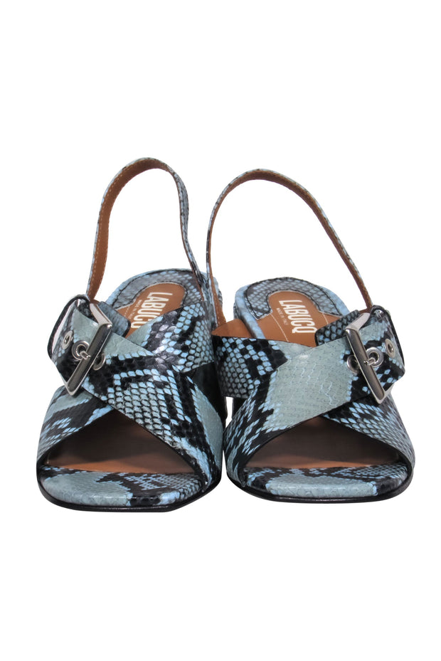 Current Boutique-Labucq - Blue & Black Snakeskin Strappy Block Heel Square Toe Sandals Sz 6.5