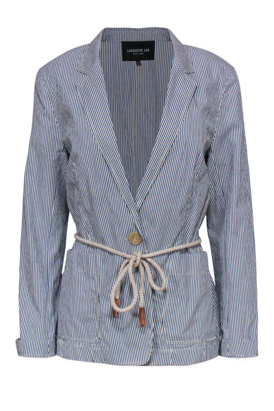 Current Boutique-Lafayette 148 - Blue & White Striped Single Button Blazer w/ Rope Belt Sz 10