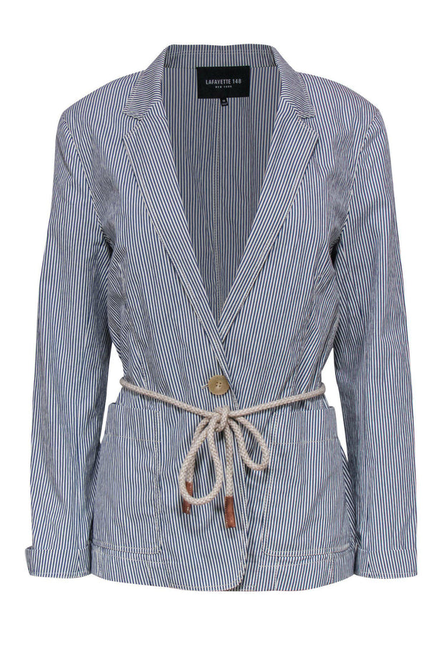 Current Boutique-Lafayette 148 - Blue & White Striped Single Button Blazer w/ Rope Belt Sz 10