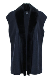 Current Boutique-Lafayette 148 - Navy Cashmere Open Sweater Vest w/ Shearling & Suede Trim Sz L