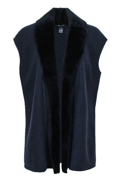 Current Boutique-Lafayette 148 - Navy Cashmere Open Sweater Vest w/ Shearling & Suede Trim Sz L