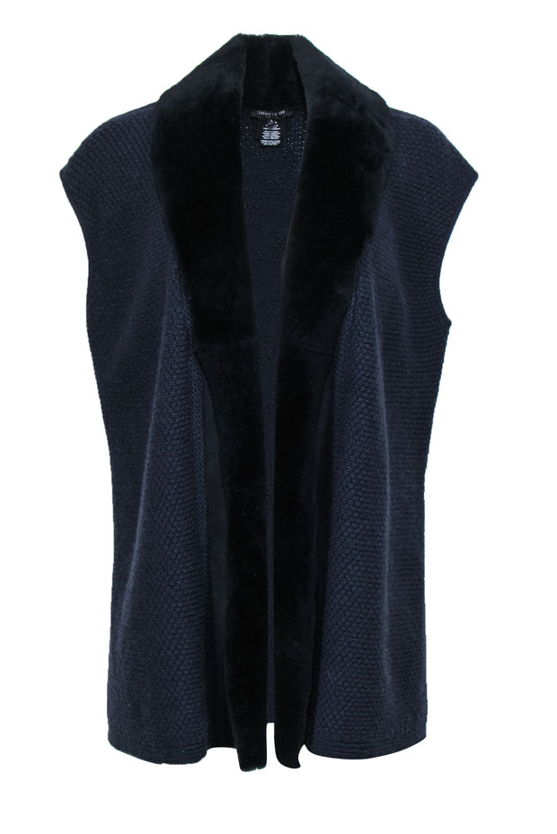Current Boutique-Lafayette 148 - Navy Cashmere Open Sweater Vest w/ Shearling & Suede Trim Sz L