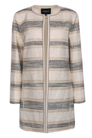 Current Boutique-Lafayette 148 - Cream, Gold & Black Striped Textured Open Jacket Sz 14