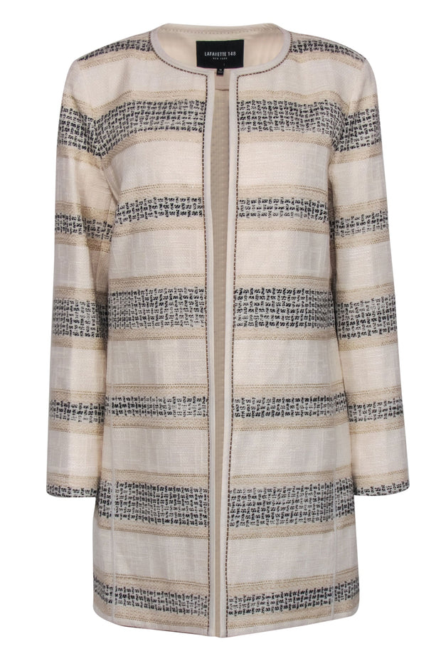 Current Boutique-Lafayette 148 - Cream, Gold & Black Striped Textured Open Jacket Sz 14