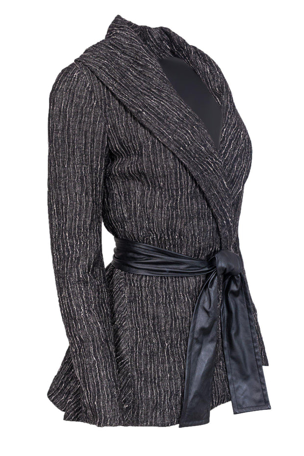 Current Boutique-Lafayette 148 - Grey Open Front Jacket w/ Tie Sz 2