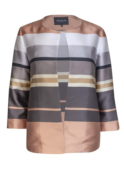 Current Boutique-Lafayette 148 - Neutral Striped Open Front Jacket Sz M