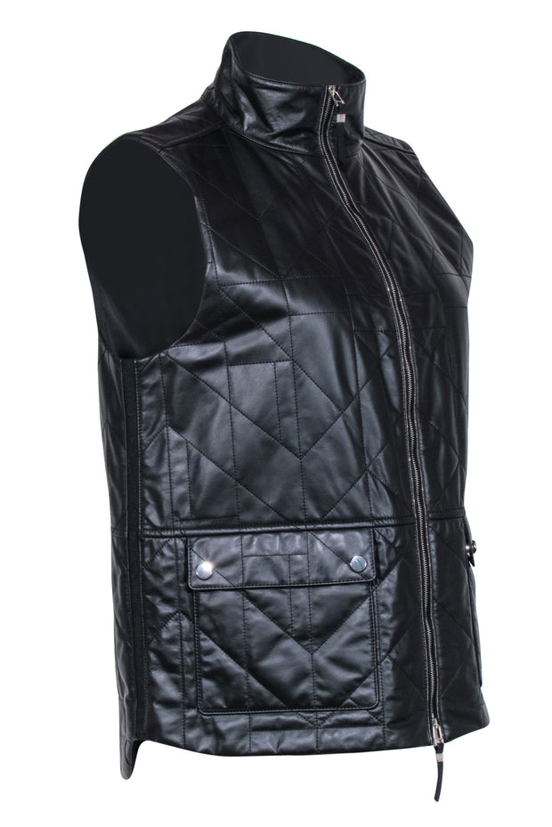 Current Boutique-Lafayette 148 - Black Leather Quilted Zip-Up Vest Sz M