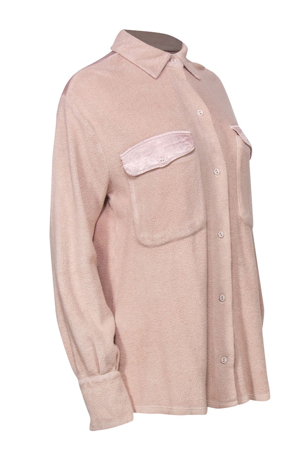 Current Boutique-LAmade - Beige Faux Sherpa Long Sleeve Button-Up Shacket Sz S