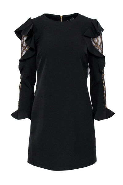 Current Boutique-Laundry by Shelli Segal - Black Ruffle Dress w/ Golden Mesh Sleeves Sz 0