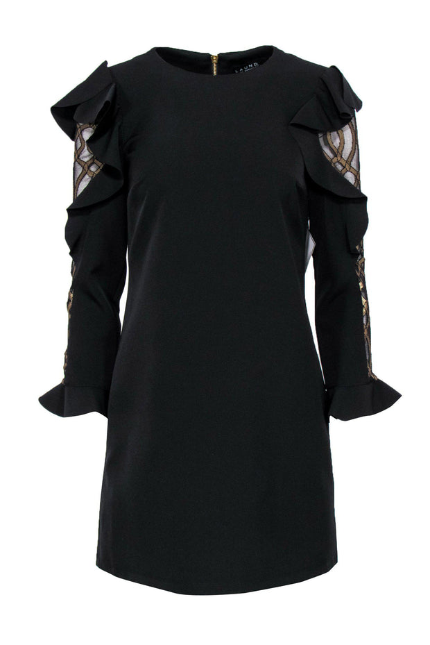 Current Boutique-Laundry by Shelli Segal - Black Ruffle Dress w/ Golden Mesh Sleeves Sz 0
