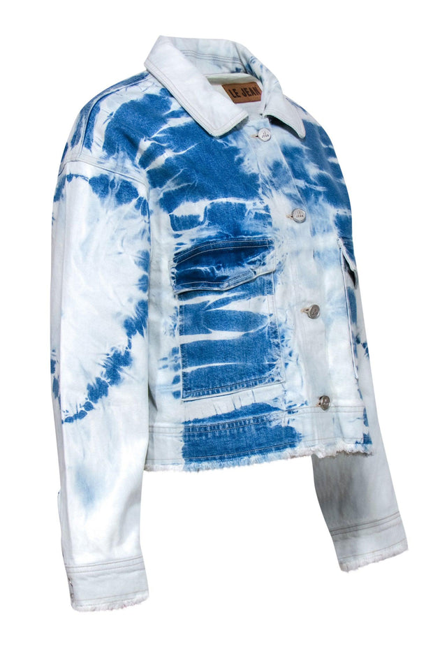 Current Boutique-Le Jean - Light Wash Tie-Dye Button-Up Denim Jacket w/ Raw Trim Sz L