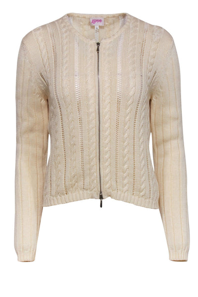 Current Boutique-Leggiadro - Cream Cable Knit Zip-Up Cotton Cardigan Sz XL