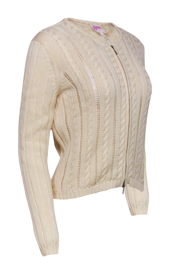 Current Boutique-Leggiadro - Cream Cable Knit Zip-Up Cotton Cardigan Sz XL