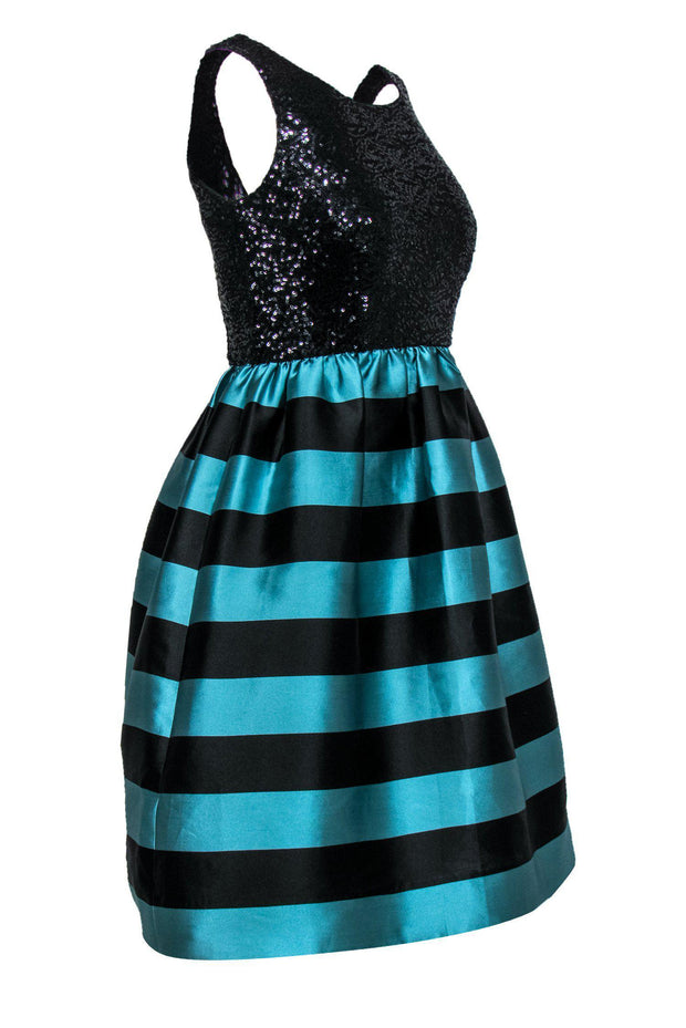 Current Boutique-Leifsdottir - Black Sequin & Turquoise Striped Cocktail Dress Sz 0