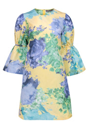 Current Boutique-Lela Rose - Pastel Yellow, Green & Purple Watercolor Floral Bell Sleeve Shift Dress Sz 6