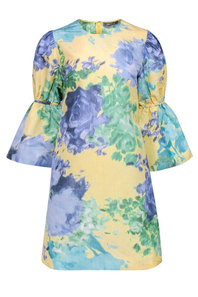 Current Boutique-Lela Rose - Pastel Yellow, Green & Purple Watercolor Floral Bell Sleeve Shift Dress Sz 6