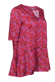 Current Boutique-Lela Rose - Pink, Red & Purple Floral Print Blouse w/ Peplum Hem Sz 4