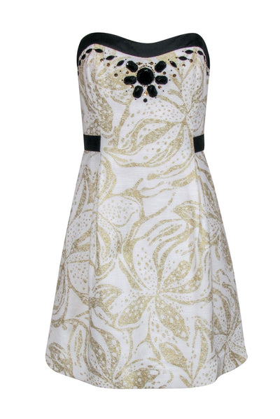 Current Boutique-Lilly Pulitzer - Cream & Gold Metallic Floral Print Strapless Fit & Flare Dress w/ Stain Trim & Gem Stones Sz 8