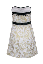 Current Boutique-Lilly Pulitzer - Cream & Gold Metallic Floral Print Strapless Fit & Flare Dress w/ Stain Trim & Gem Stones Sz 8