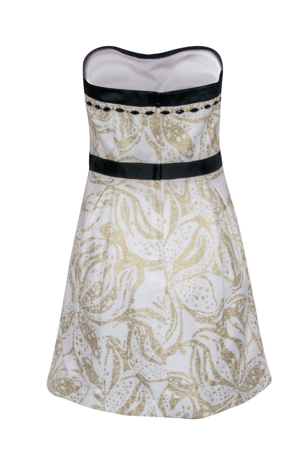 Current Boutique-Lilly Pulitzer - Cream & Gold Metallic Floral Print Strapless Fit & Flare Dress w/ Stain Trim & Gem Stones Sz 8