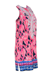 Current Boutique-Lilly Pulitzer - Pink & Navy Flamingo Print Sleeveless Sheath Dress w/ Embroidered Trim Sz 2