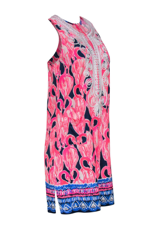 Current Boutique-Lilly Pulitzer - Pink & Navy Flamingo Print Sleeveless Sheath Dress w/ Embroidered Trim Sz 2