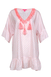 Current Boutique-Lilly Pulitzer - White Cotton & Neon Pink Shift Dress w/ Tassels Sz L/XL
