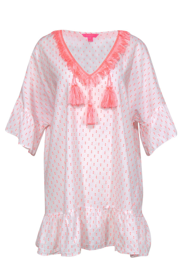 Current Boutique-Lilly Pulitzer - White Cotton & Neon Pink Shift Dress w/ Tassels Sz L/XL