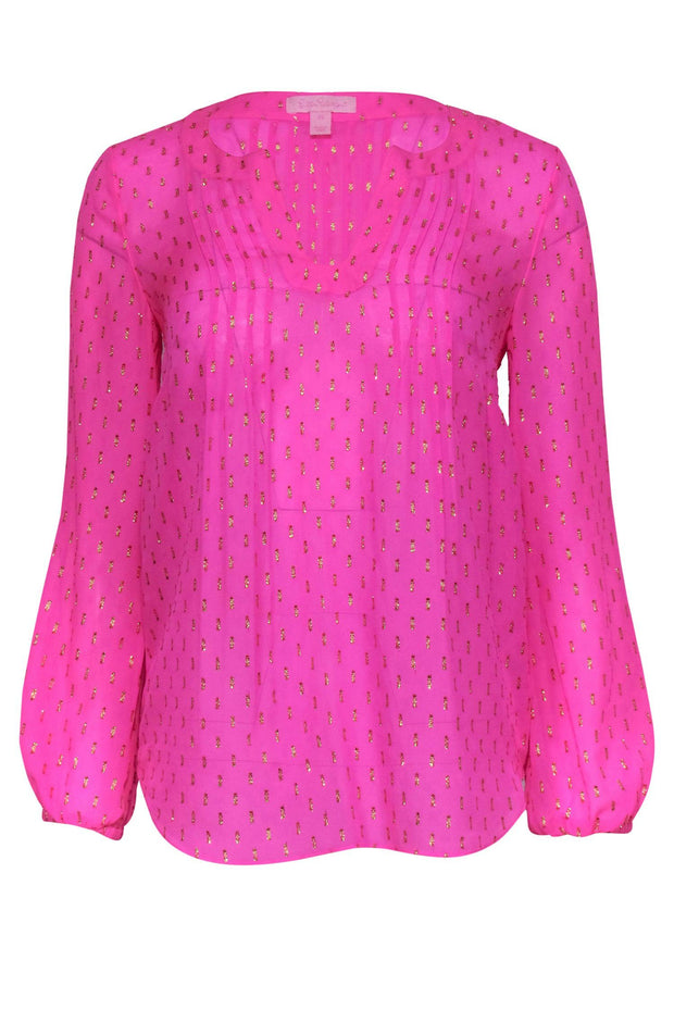 Current Boutique-Lilly Pulitzer - Hot Pink & Gold Metallic Silk Blouse Sz XS