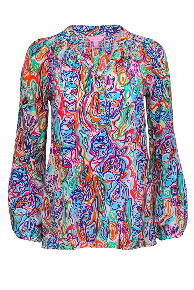 Current Boutique-Lilly Pulitzer - Multicolor Print Long Sleeve Silk Blouse Sz XXS