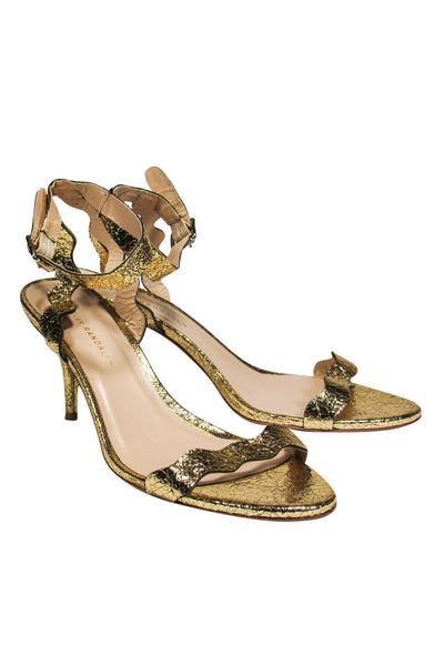 Current Boutique-Loeffler Randall - Gold Crackle Anklestrap Kitten Heels Sz 11
