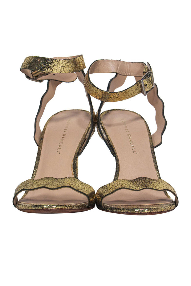 Current Boutique-Loeffler Randall - Gold Crackled Leather Squiggly Strap Pumps Sz 8