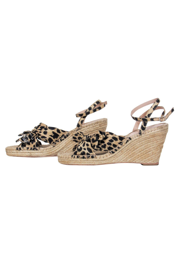 Current Boutique-Loeffler Randall - Beige Leopard Print Woven Open Toe “Charley” Wedges w/ Bow Sz 9.5