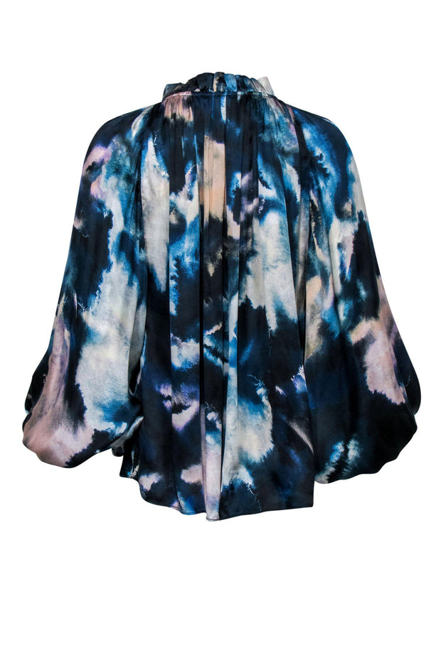 Current Boutique-Love Sam - Blue & Cream Watercolor Print Blouse w/ Bell Sleeves & Tassels Sz M
