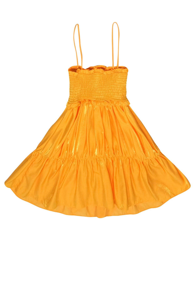 Current Boutique-Lovers + Friends - Metallic Yellow Satin Ruffled Smocked Bust Sundress Sz XS