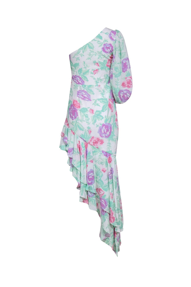 Current Boutique-Lovers + Friends - Blush, & Mint Rose Print Maxi Dress One Shoulder Design & Ruffle Asymmetrical Hem Sz S