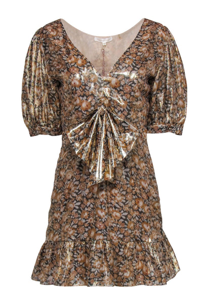 Current Boutique-Love Shack Fancy - Metallic Gold "Lena" Mini Dress w/ Front Bow Sz M