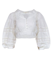 Current Boutique-LoveShackFancy - Ivory Dotted Eyelet Lace Trim Long Sleeve Crop Top Sz 2