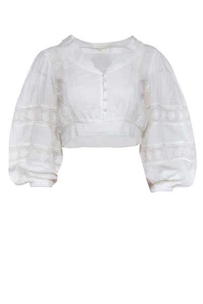 Current Boutique-LoveShackFancy - Ivory Dotted Eyelet Lace Trim Long Sleeve Crop Top Sz 2