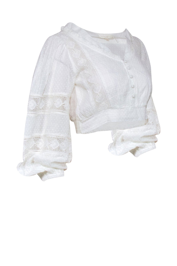 Current Boutique-LoveShackFancy - Ivory Dotted Eyelet Lace Trim Long Sleeve Crop Top Sz 2