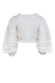 Current Boutique-LoveShackFancy - Ivory Dotted Eyelet Lace Trim Long Sleeve Crop Top Sz 2