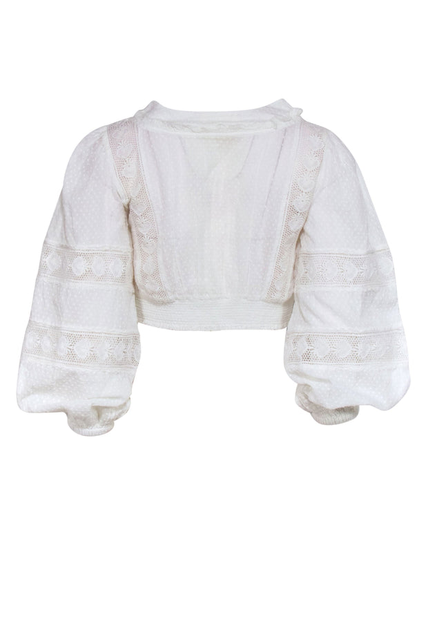 Current Boutique-LoveShackFancy - Ivory Dotted Eyelet Lace Trim Long Sleeve Crop Top Sz 2