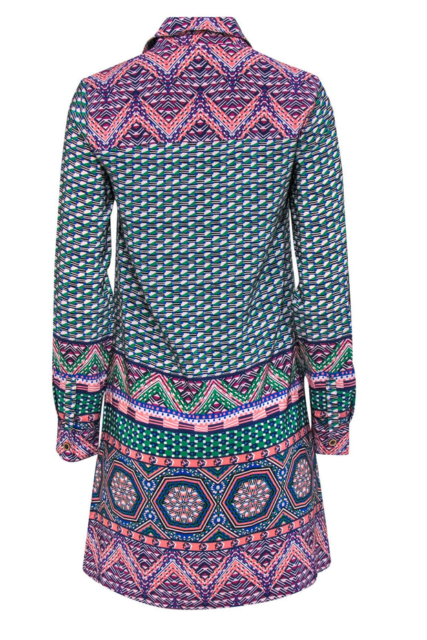 Current Boutique-Maeve - Green & Multicolor Print Button-Up Silk Shirtdress Sz 0